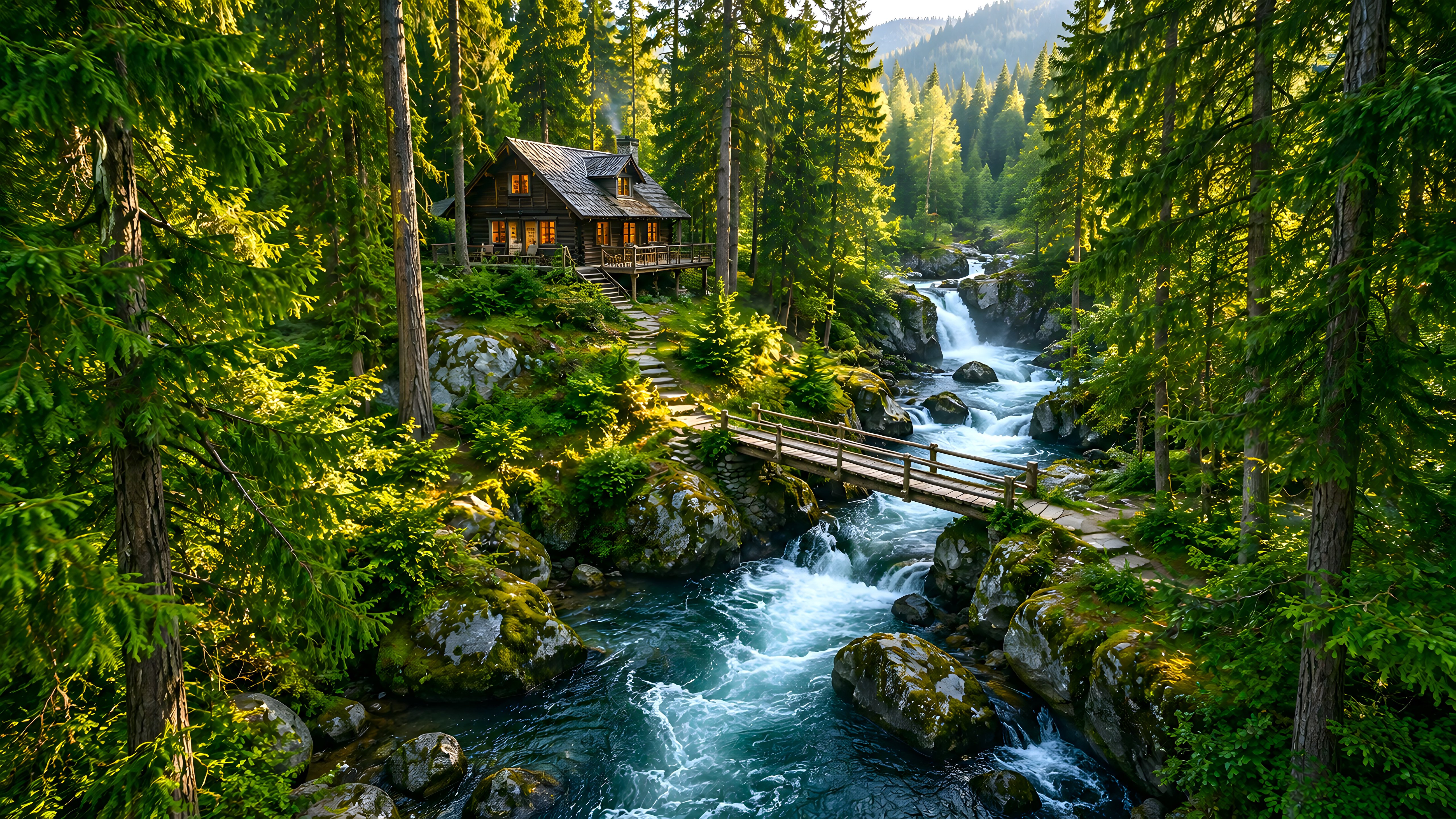 Cabin in a deep forest with a stream - 5K wallpapers in 5120x2880 resolution