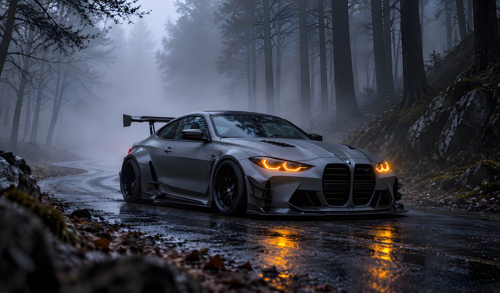 BMW M4 G82 in the woods with yellow headlights - WSVGA wallpapers in 1024x600 resolution