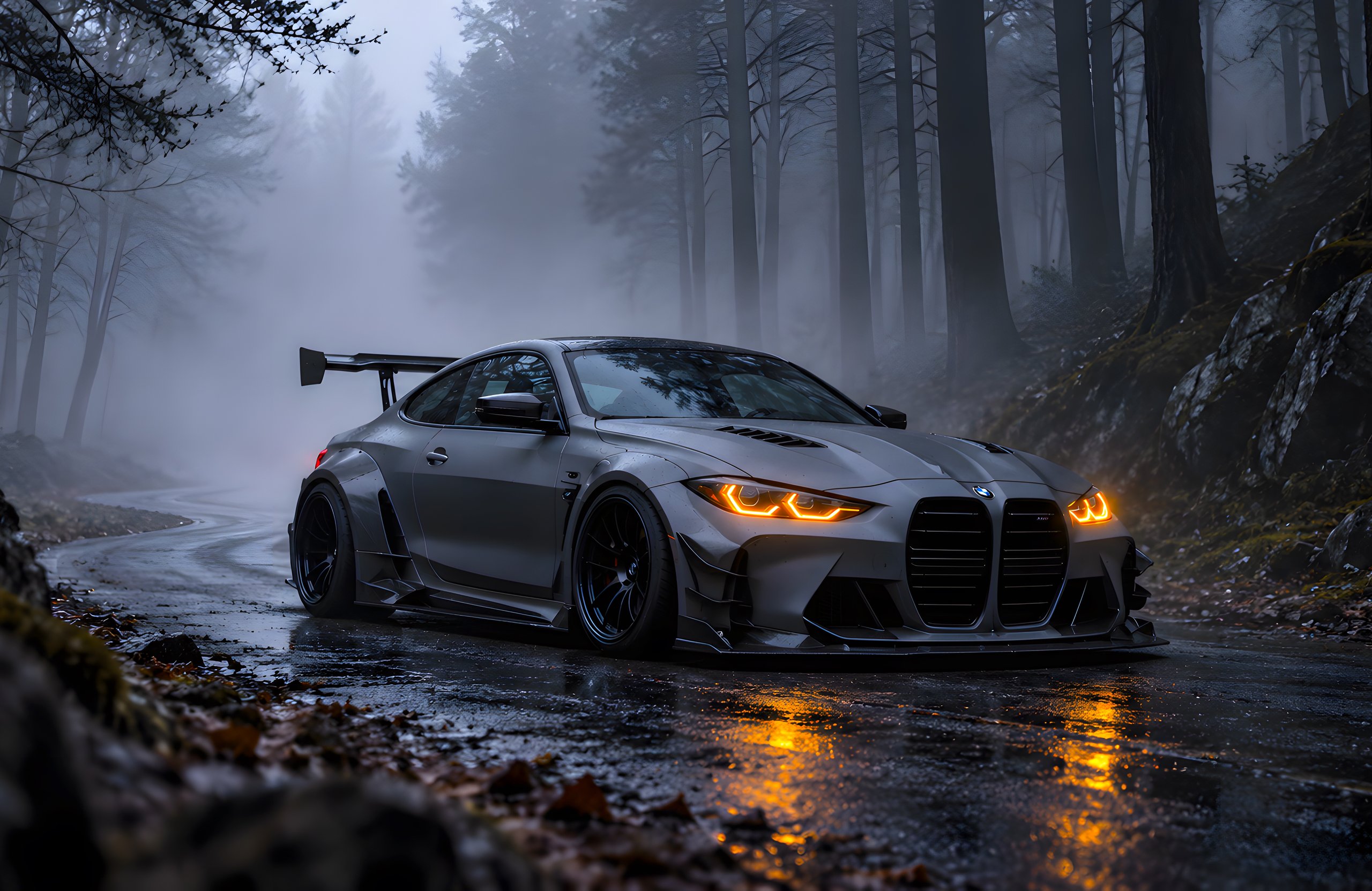 BMW M4 G82 in the woods with yellow headlights - Wallpapers for Apple MacBook Air 13 M2″ in 2560x1664 resolution