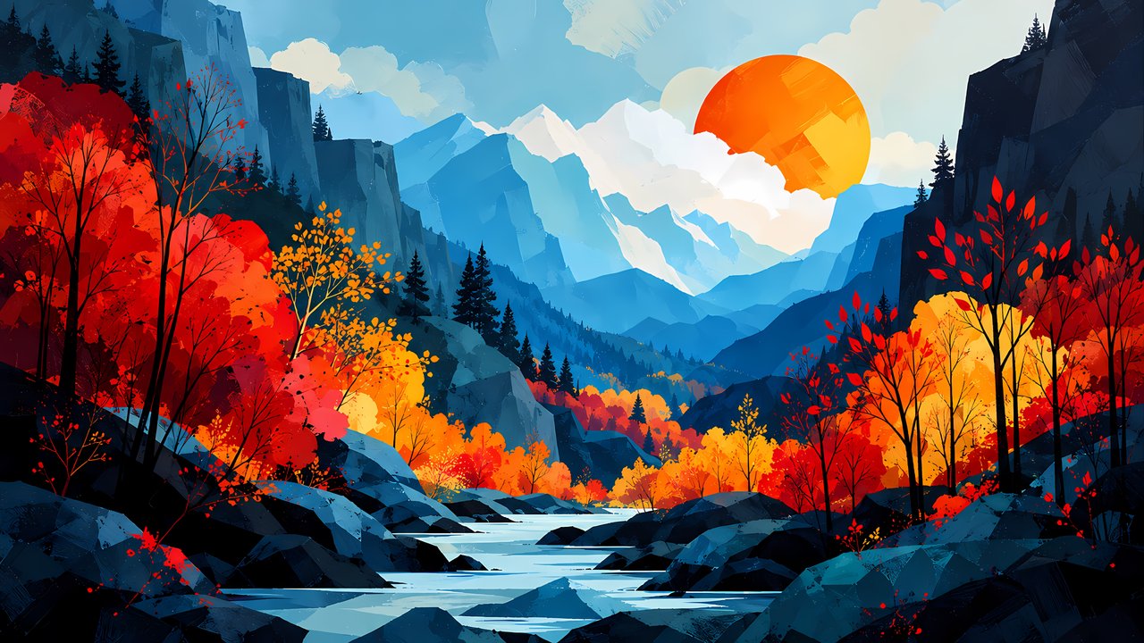 Autumn forest and river among mountains at sunset - HDV 720p wallpapers in 1280x720 resolution