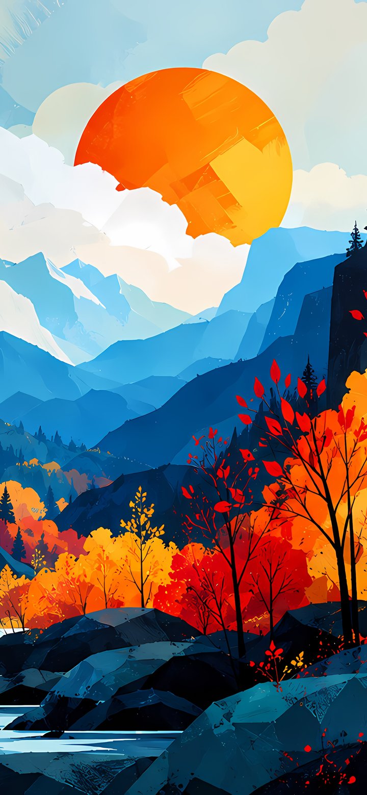 Autumn forest and river among mountains at sunset - Wallpapers for Samsung Galaxy A11/A20e/A20/M11, Xiaomi Redmi 9A/9C, POCO C40 in 720x1560 resolution