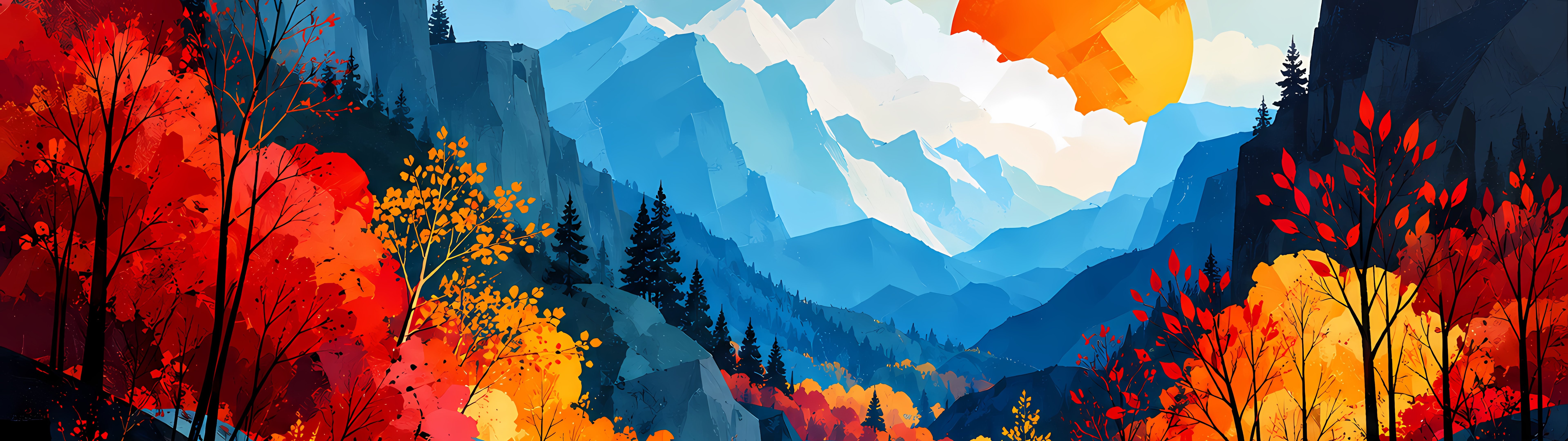 Autumn forest and river among mountains at sunset - Dual Monitor Wallpapers in 7680x2160 resolution