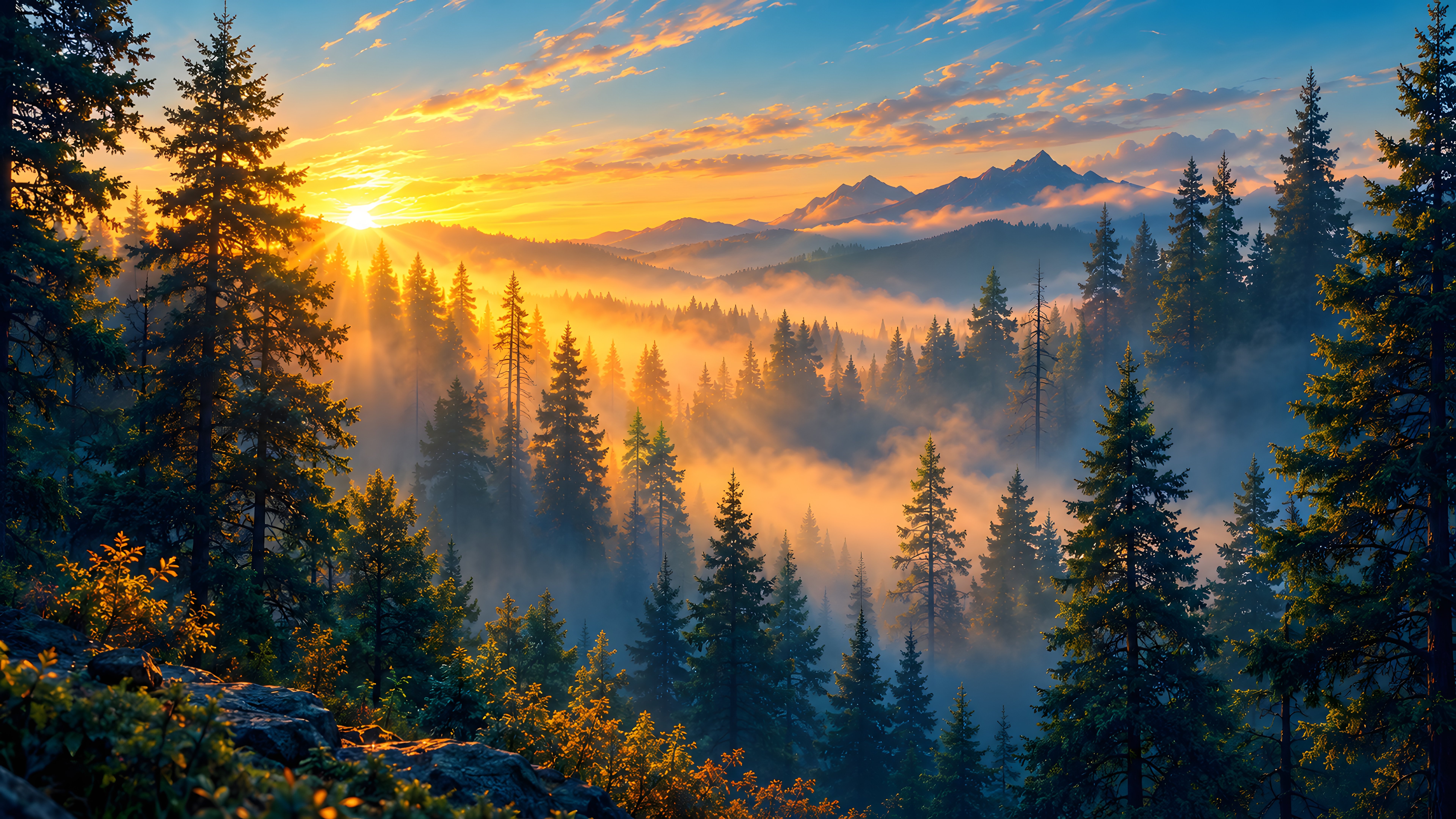 Foggy Forest Beneath a Colorful Sunset - 8K wallpapers in 7680x4320 resolution