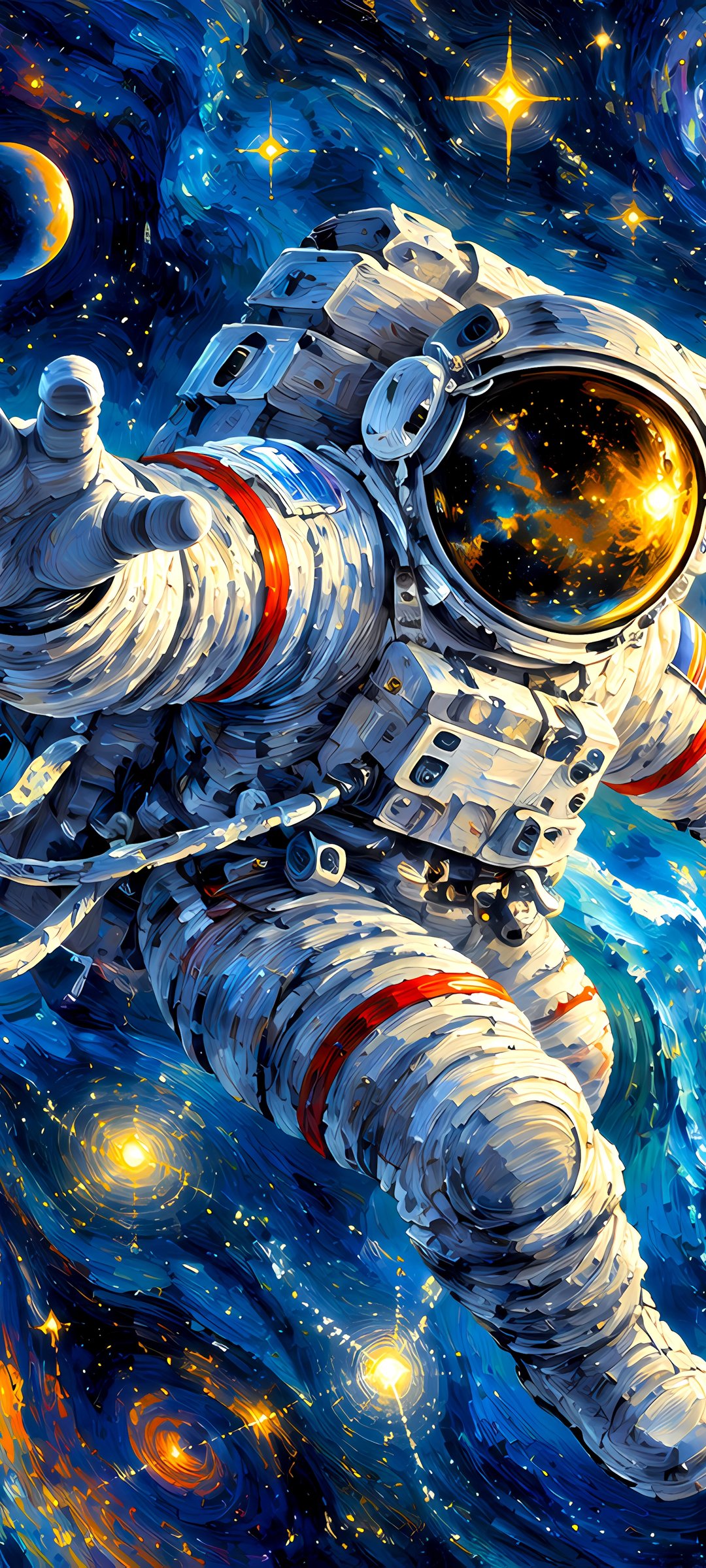 Astronaut and space in the style of Van Gogh - Wallpapers for Samsung Galaxy M55, POCO M4/X4/X5, Xiaomi Redmi 12/13/Note 13/Note 14/Note 14S in 1080x2400 resolution