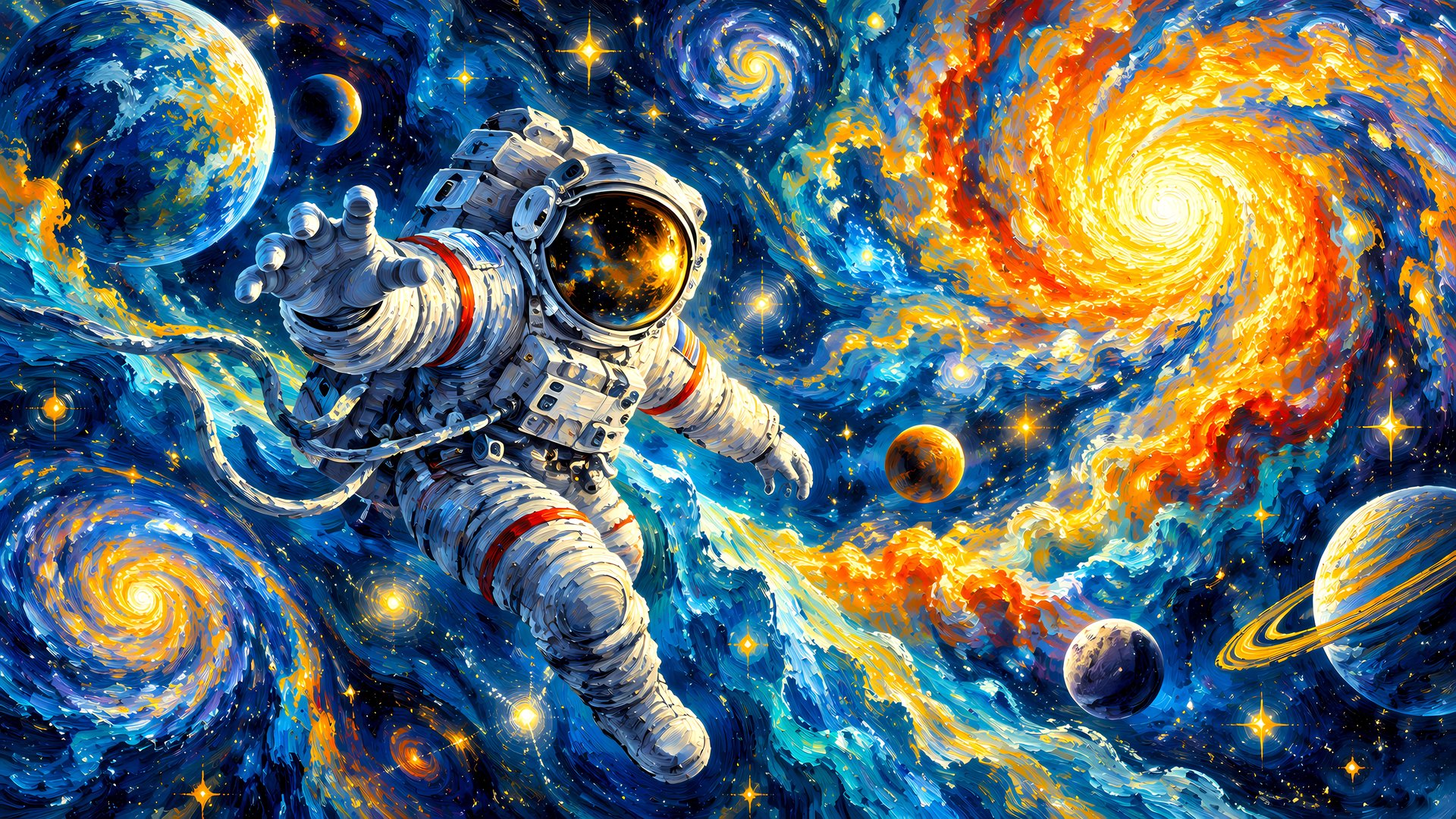 Космонавт и космос в стиле Ван Гога - Full HD обои в разрешении 1920x1080