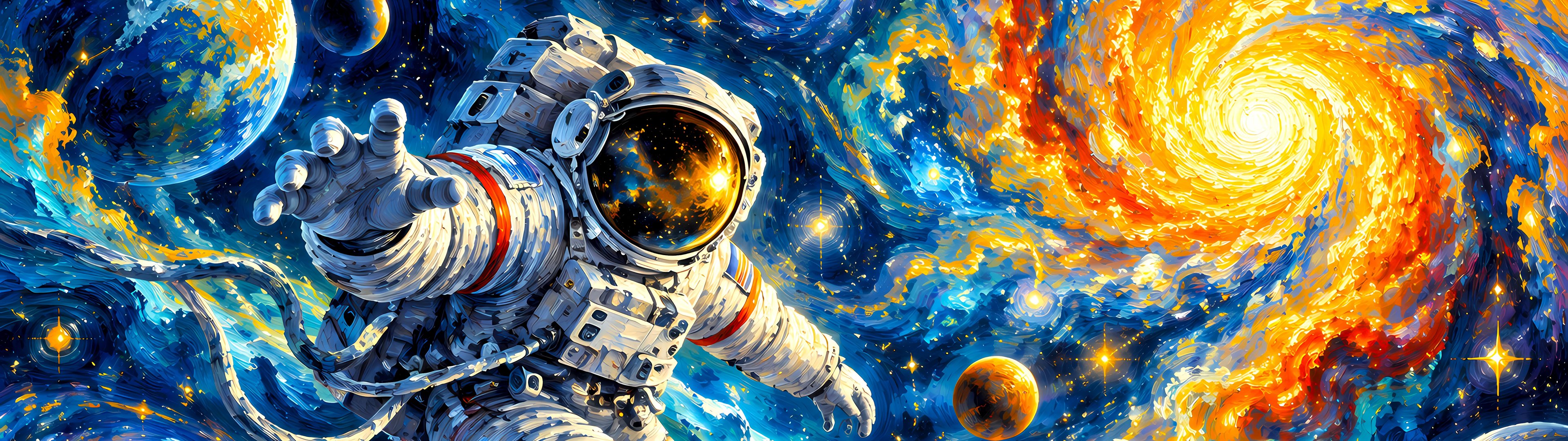 Космонавт и космос в стиле Ван Гога - UltraWide 32:9 обои в разрешении 3840x1080