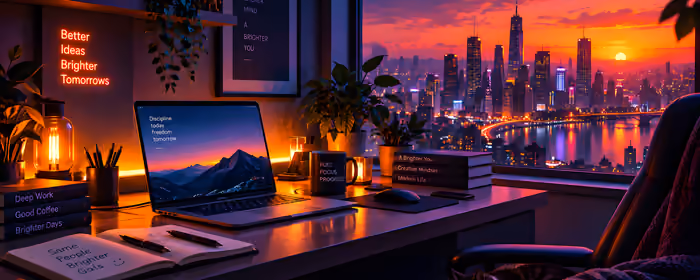 UltraWide 32:9 Interior design wallpapers (3840x1080): workspace, laptop, window, skyscrapers