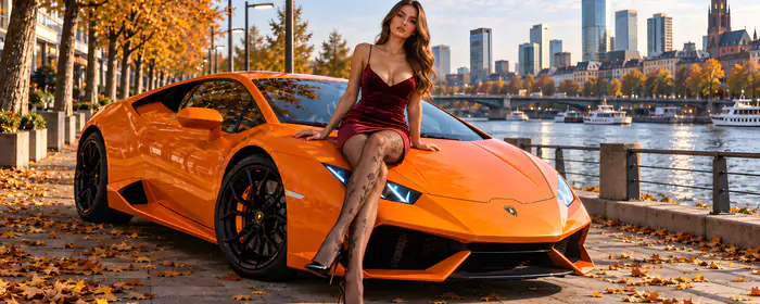 UltraWide 32:9 обои (3840x1080): Lamborghini Huracán, Франкфурт-на-Майне, набережная, женщина