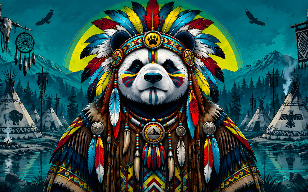 Panda Tribal Chief by the Lake — desktop and phone wallpaper, free download