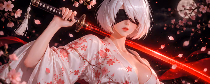 Обои аниме: 2B, Nier: Automata, кимоно, катана