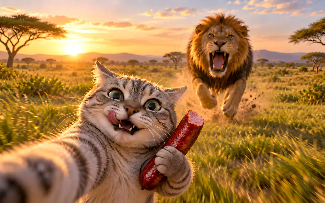 Cat Escapes From a Lion at Sunset — desktop and phone wallpaper, free download