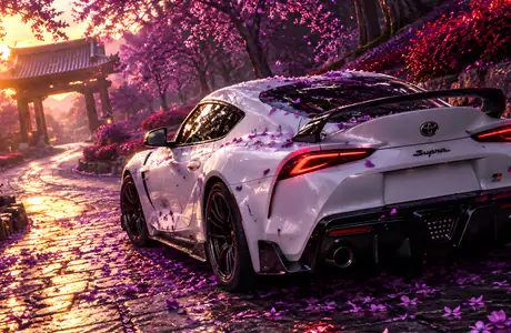 SXGA обои (1280x1024): Toyota Supra, сакура, красочный закат, тропа