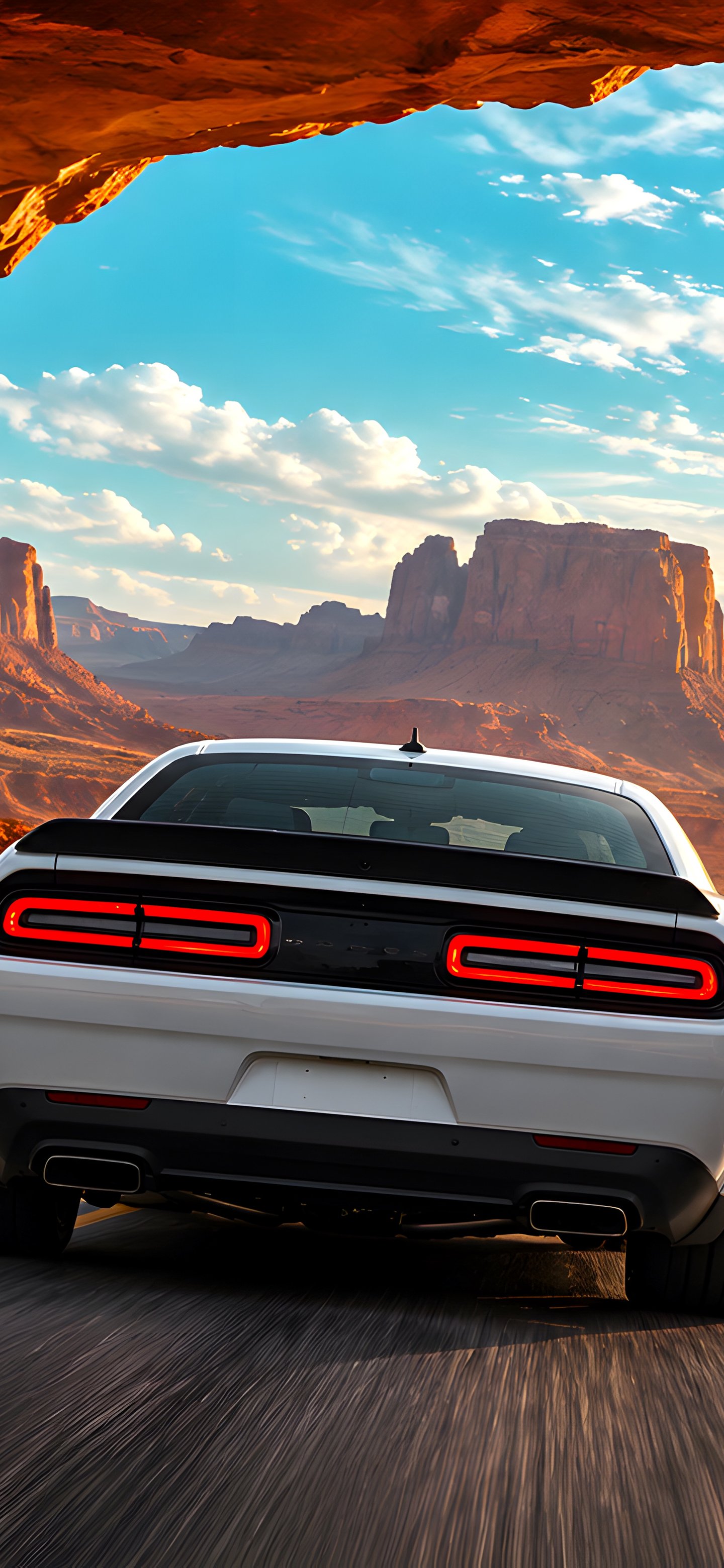 Dodge Challenger в пустынном каньоне - Обои для Samsung Galaxy S24/S24 Ultra/S25 Ultra/S25+/S26 Ultra в разрешении 1440x3120