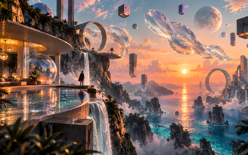 Futuristic Villa Above the Ocean — desktop and phone wallpaper, free download