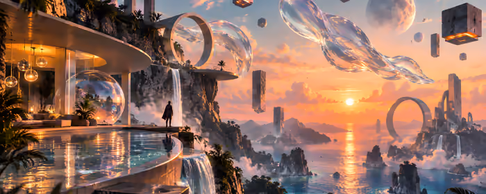 5K2K UltraWide 21:9 Villa wallpapers (5120x2160): futurism, villa, ocean, man
