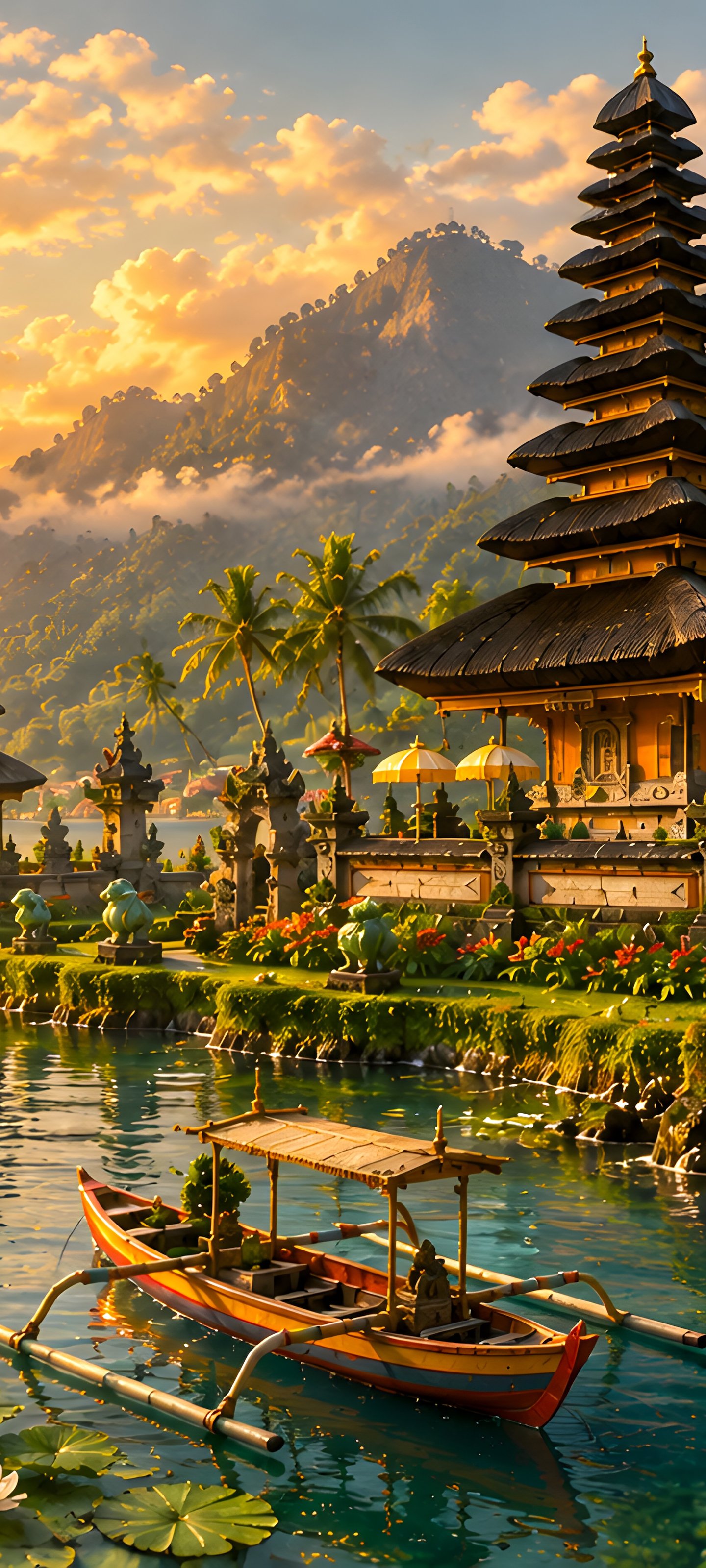 Bali Temple River Scene at Sunset - Wallpapers for Xiaomi 13 Ultra/14 Ultra/15 Ultra/17 Pro Max, Samsung Galaxy S20/S20 Ultra/S21 Ultra in 1440x3200 resolution