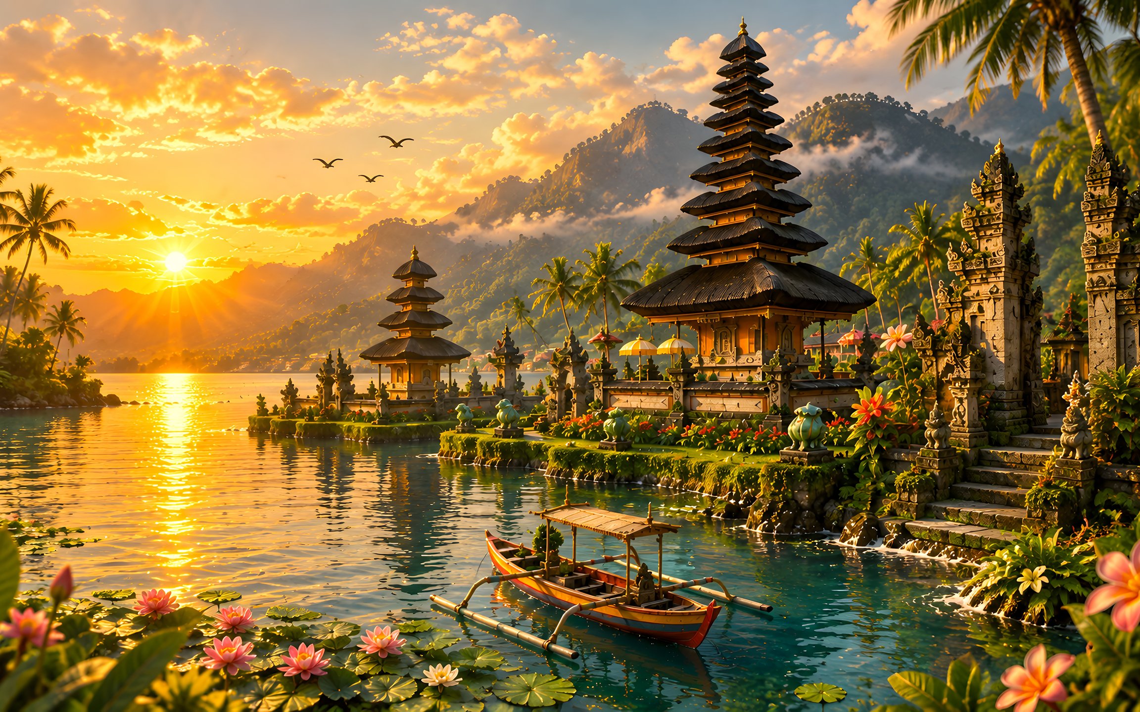 Bali Temple River Scene at Sunset - Wallpapers for Apple MacBook 12″ in 2304x1440 resolution