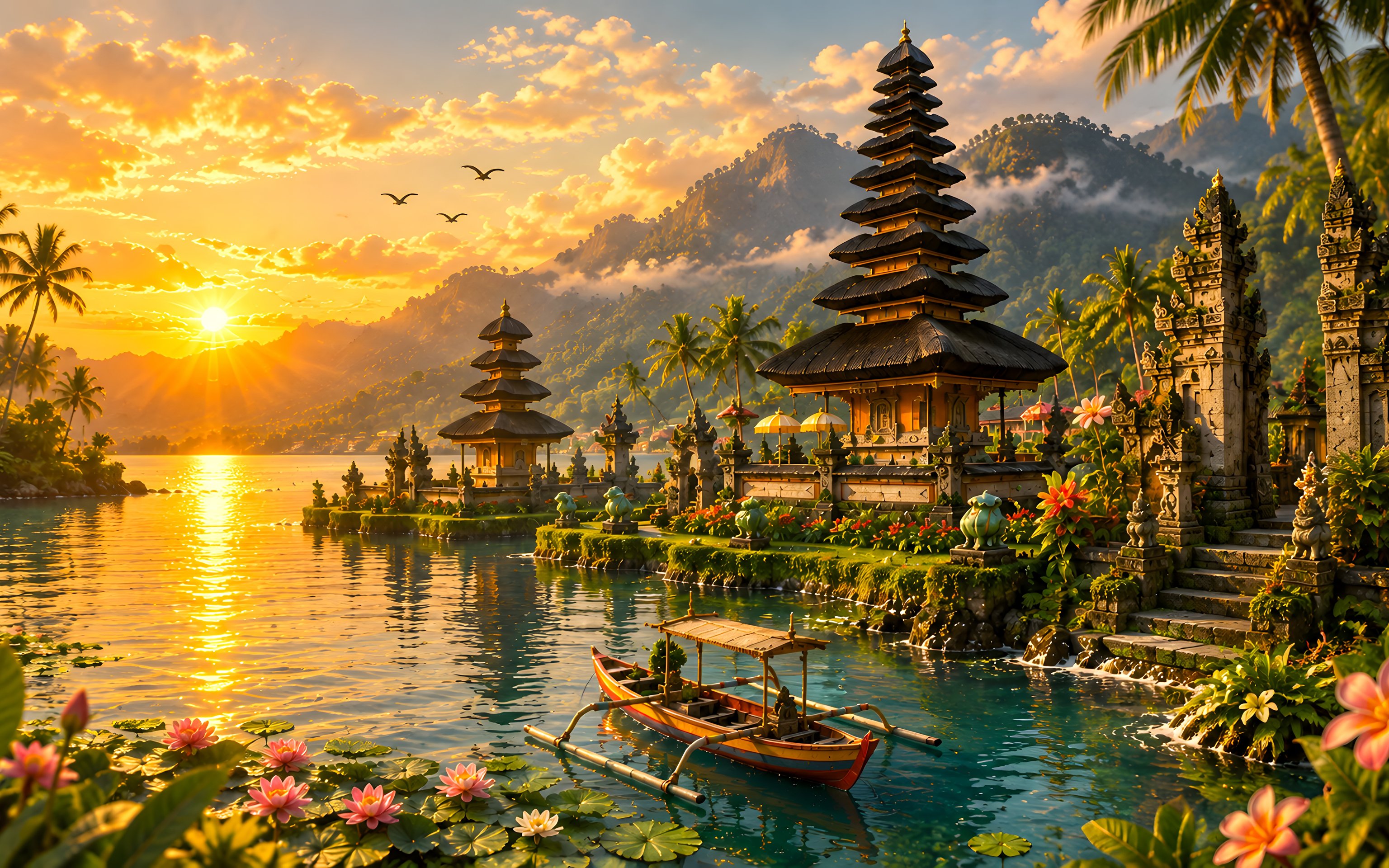 Bali Temple River Scene at Sunset - Wallpapers for Apple MacBook 16″ in 3072x1920 resolution