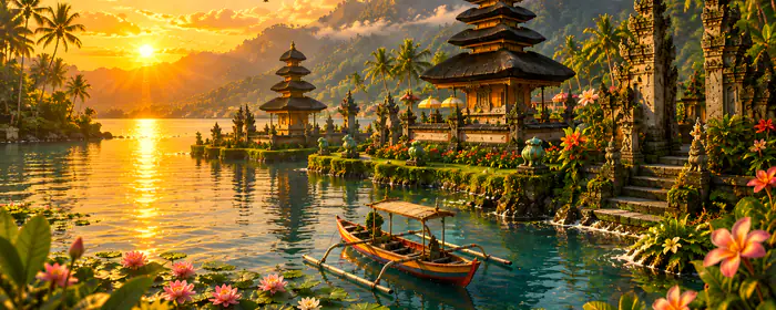 UltraWide 32:9 wallpapers (5120x1440): Bali, temple, colorful sunset, river