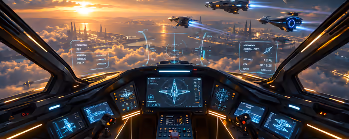 Обои экран для двух мониторов (7680x2160): космический корабль, планета, пилот, дрон