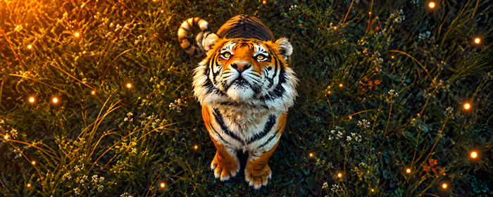 Dual Monitor Wallpapers Curiosity (7680x2160): tiger, grass, meadow, sunset