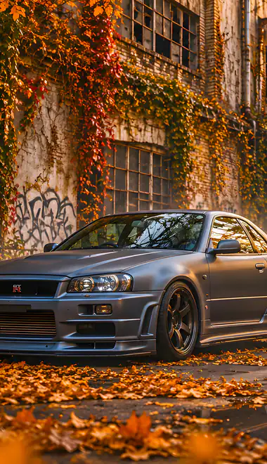 Wallpapers for Samsung Galaxy A13/A14/A53, Realme 12 Pro 5G, POCO M5 (1080x2408): Nissan Skyline GTR R34, autumn leaves, abandoned, factory