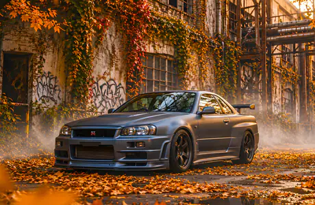 Обои для Apple iMac 24″ (4480x2520): Nissan Skyline GTR R34, осенние листья, заброшенный, фабрика