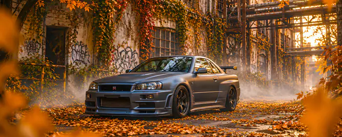 UltraWide 32:9 обои (3840x1080): Nissan Skyline GTR R34, осенние листья, заброшенный, фабрика