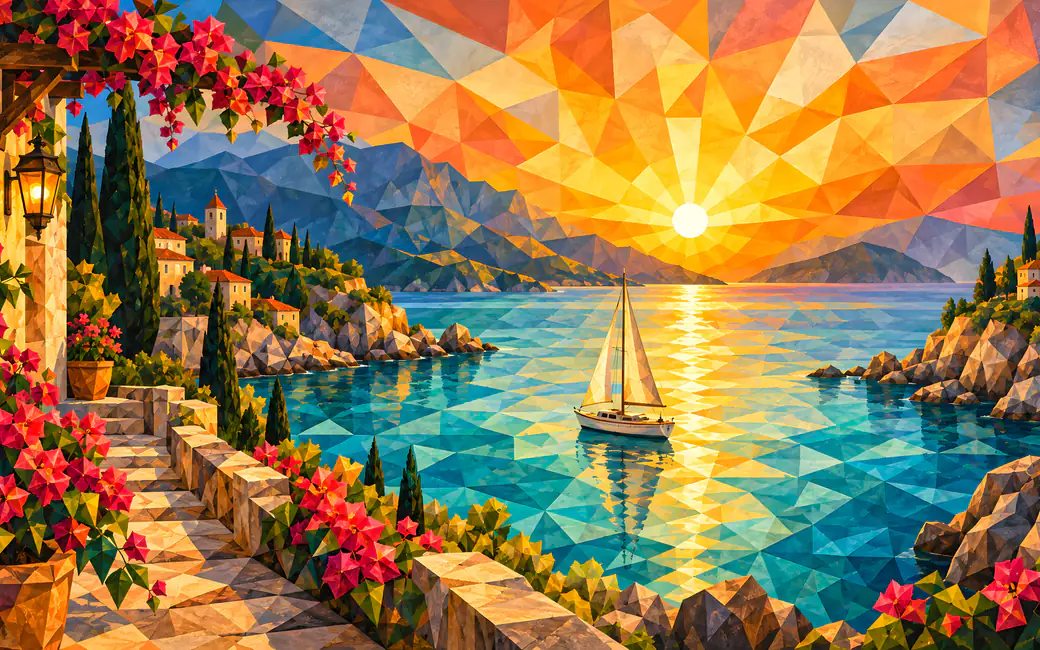 Low Poly Coastal Town at Sunset — desktop and phone wallpaper, free download
