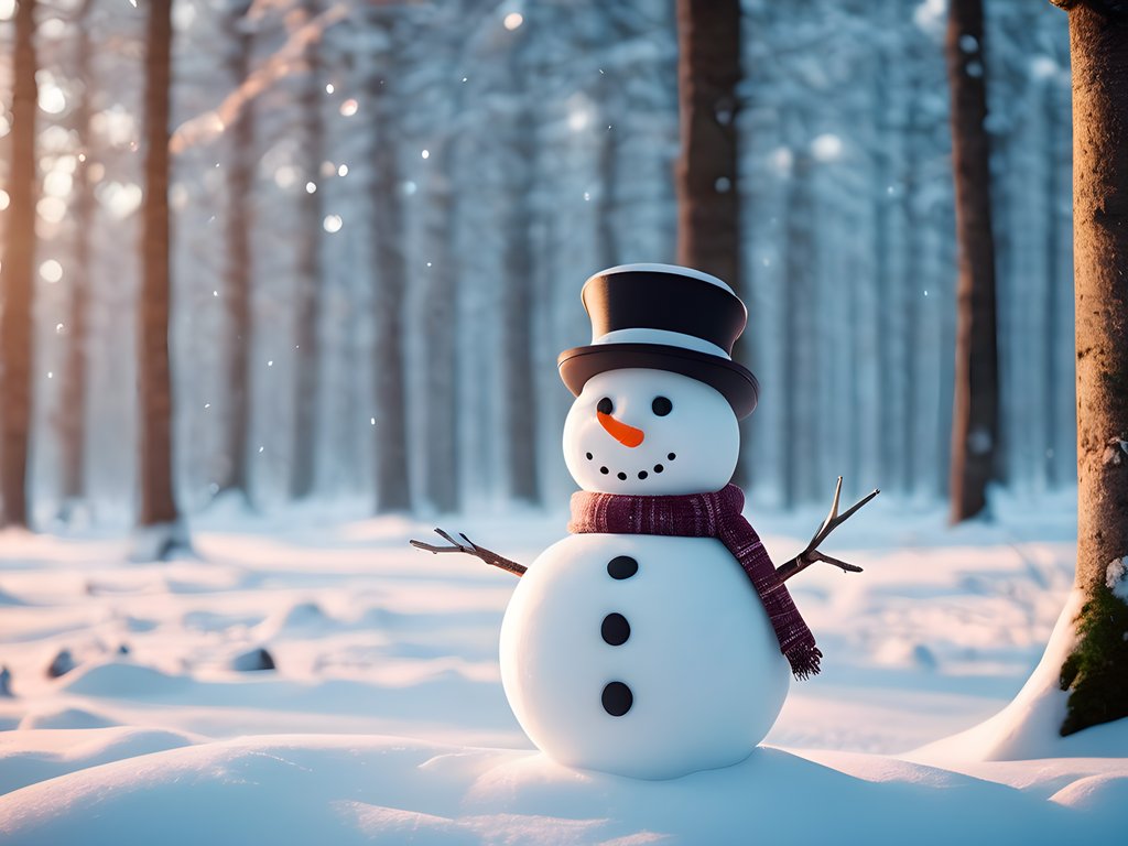 Snowman with hat in winter forest - XVGA wallpapers in 1024x768 resolution