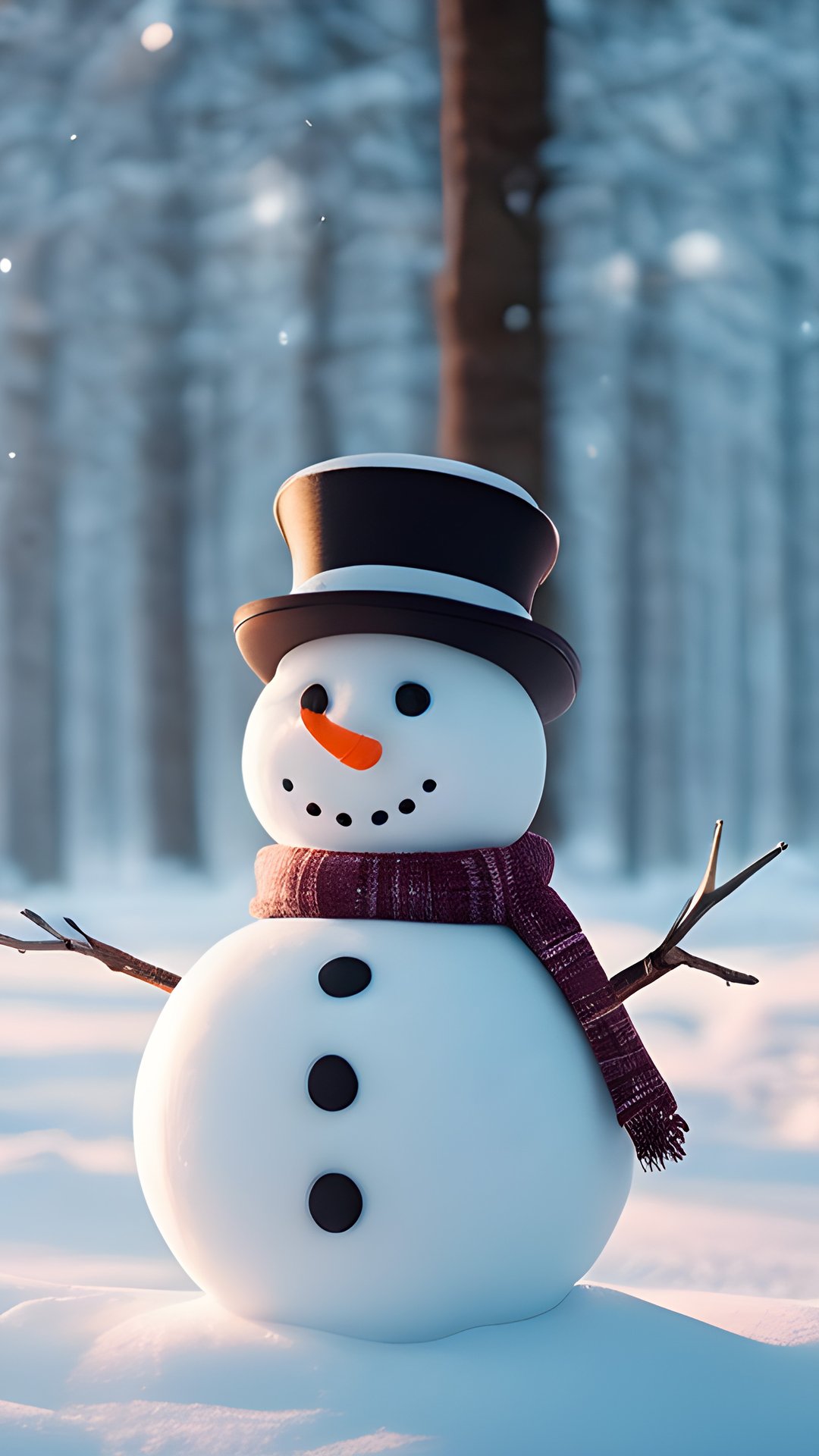 Snowman with hat in winter forest - Wallpapers for Samsung, Honor, Sony in 1080x1920 resolution