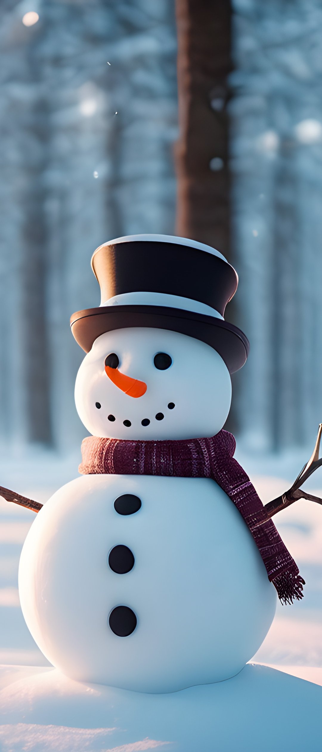 Snowman with hat in winter forest - Wallpapers for Samsung Galaxy Z Flip7, Sony Xperia 5 II/5 III/5 V/10 IV/10 V, Xiaomi Mix Fold 3 in 1080x2520 resolution