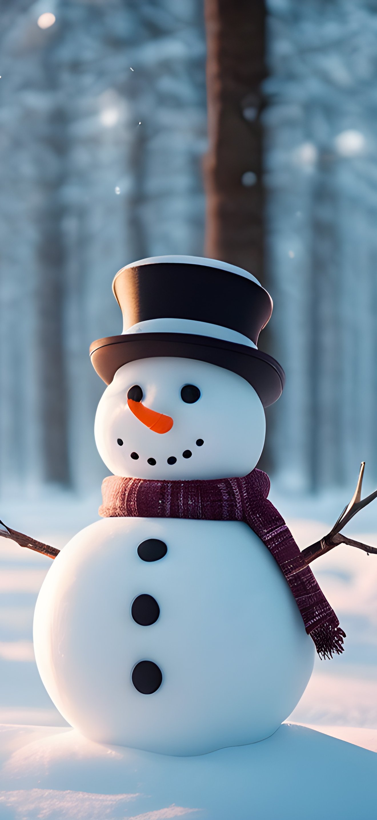 Snowman with hat in winter forest - Wallpapers for iPhone 17 Pro Max/16 Pro Max in 1320x2868 resolution