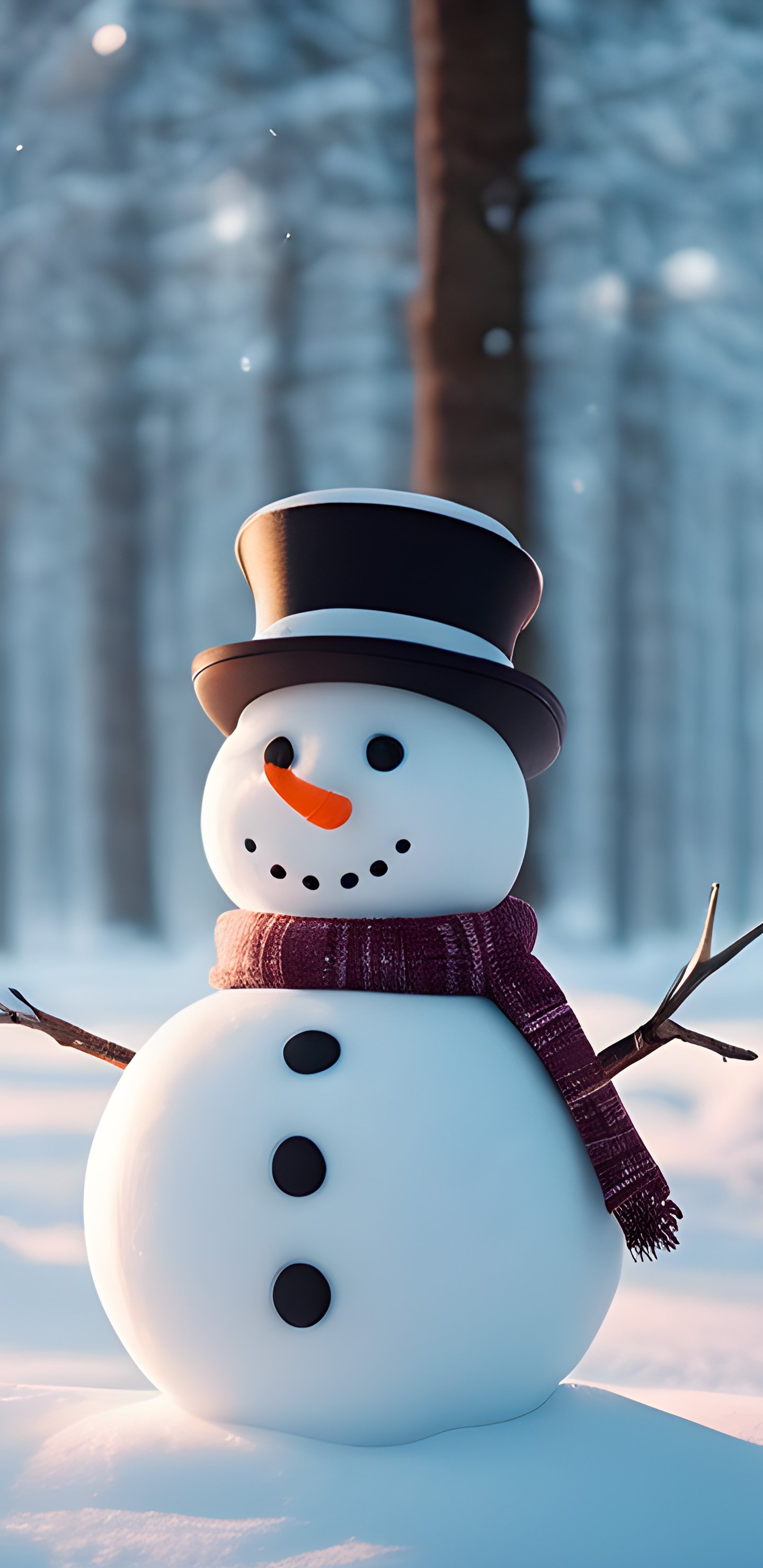 Snowman with hat in winter forest - Wallpapers for Samsung Galaxy S8/S8+/Note 8/S9/S9+/Note 9 in 1440x2960 resolution