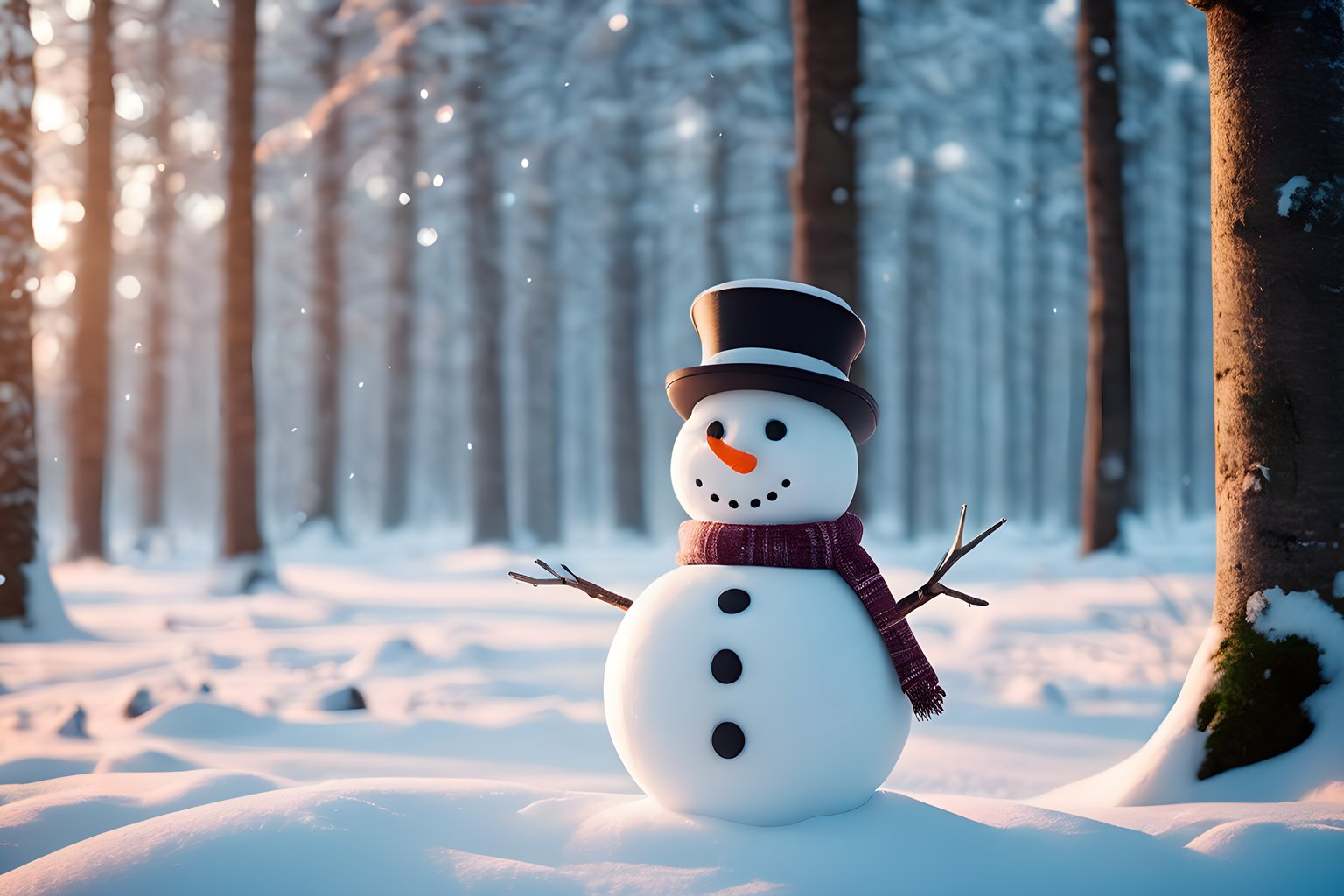 Snowman with hat in winter forest - Microsoft Surface 12.4″ wallpapers in 1536x1024 resolution