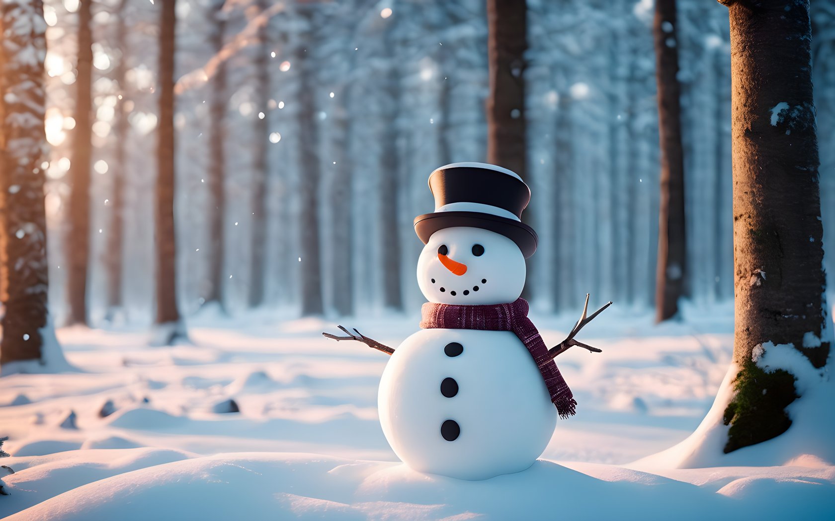 Snowman with hat in winter forest - WSXGA+ wallpapers in 1680x1050 resolution