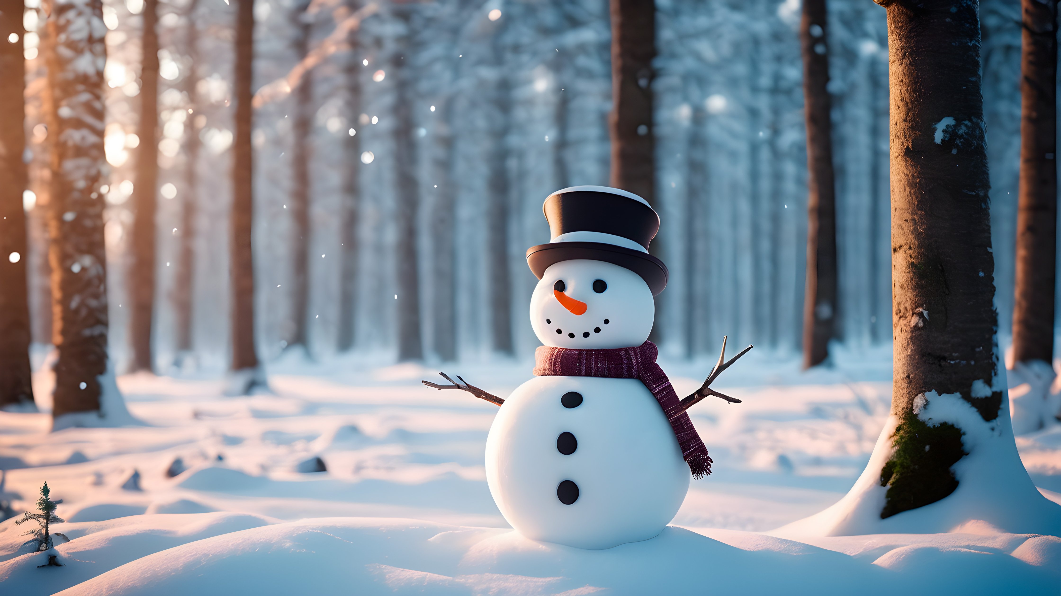 Snowman with hat in winter forest - Wallpapers for Apple iMac 24″ in 4480x2520 resolution