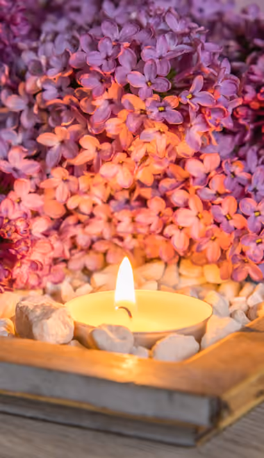 Wallpapers for Samsung Galaxy Z Flip7, Sony Xperia 5 II/5 III/5 V/10 IV/10 V, Xiaomi Mix Fold 3 (1080x2520): lilac bush, candles, stones, tray