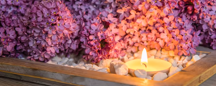 UltraWide 32:9 Interior design wallpapers (3840x1080): lilac bush, candles, stones, tray