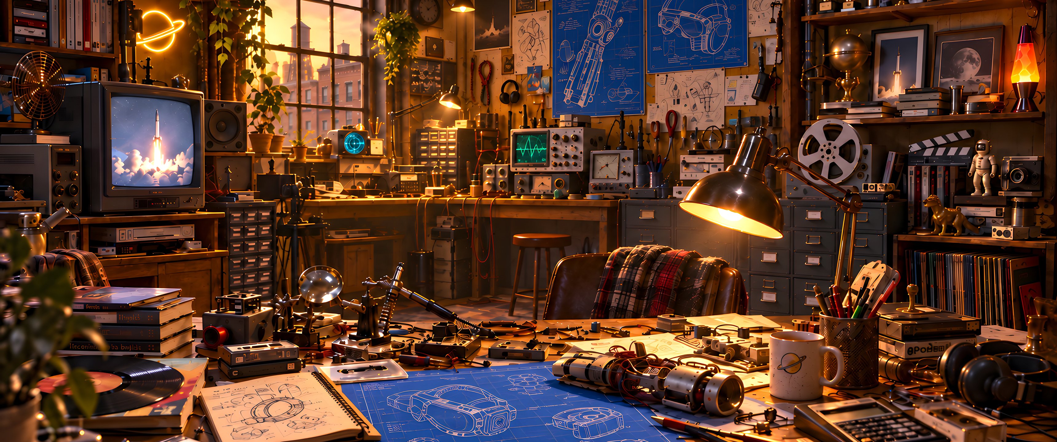 Retro Engineer Workshop at Sunset - UltraWide 21:9 wallpapers in 3440x1440 resolution