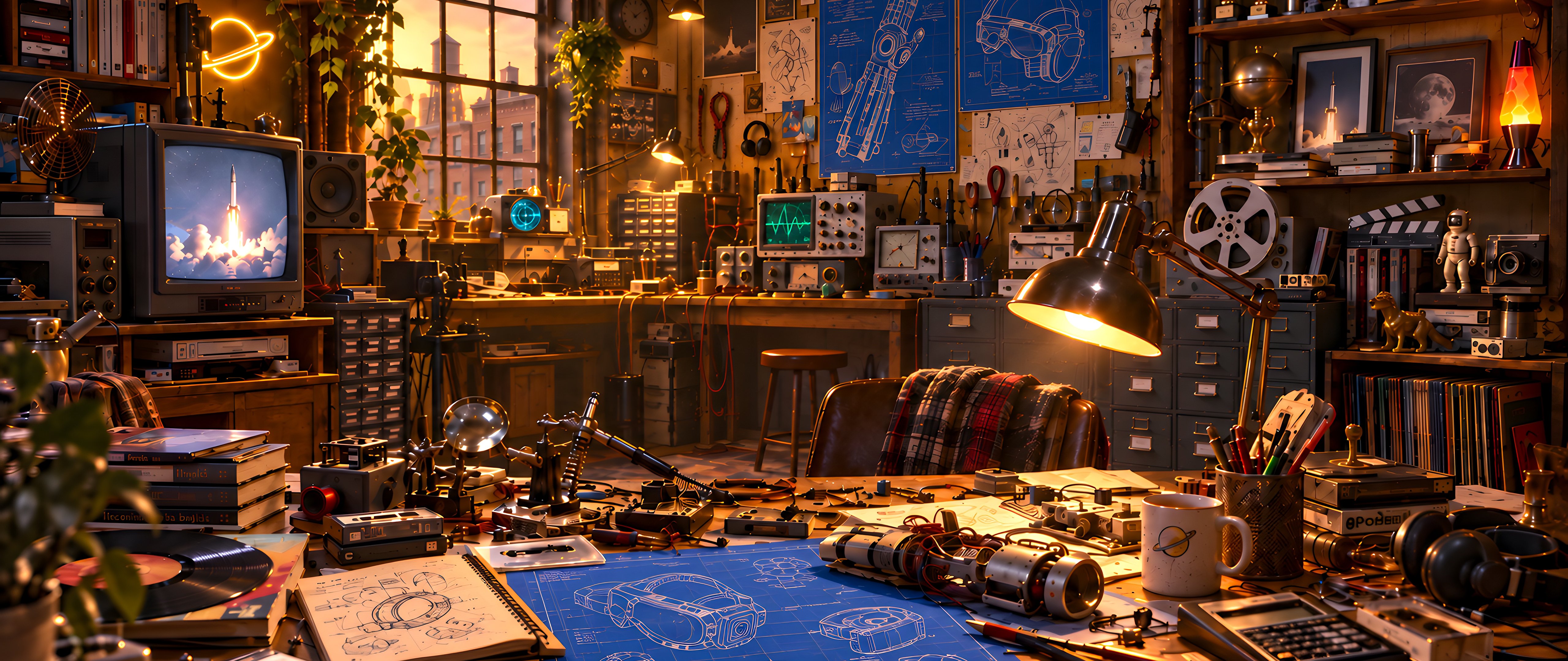 Retro Engineer Workshop at Sunset - 5K2K UltraWide 21:9 wallpapers in 5120x2160 resolution