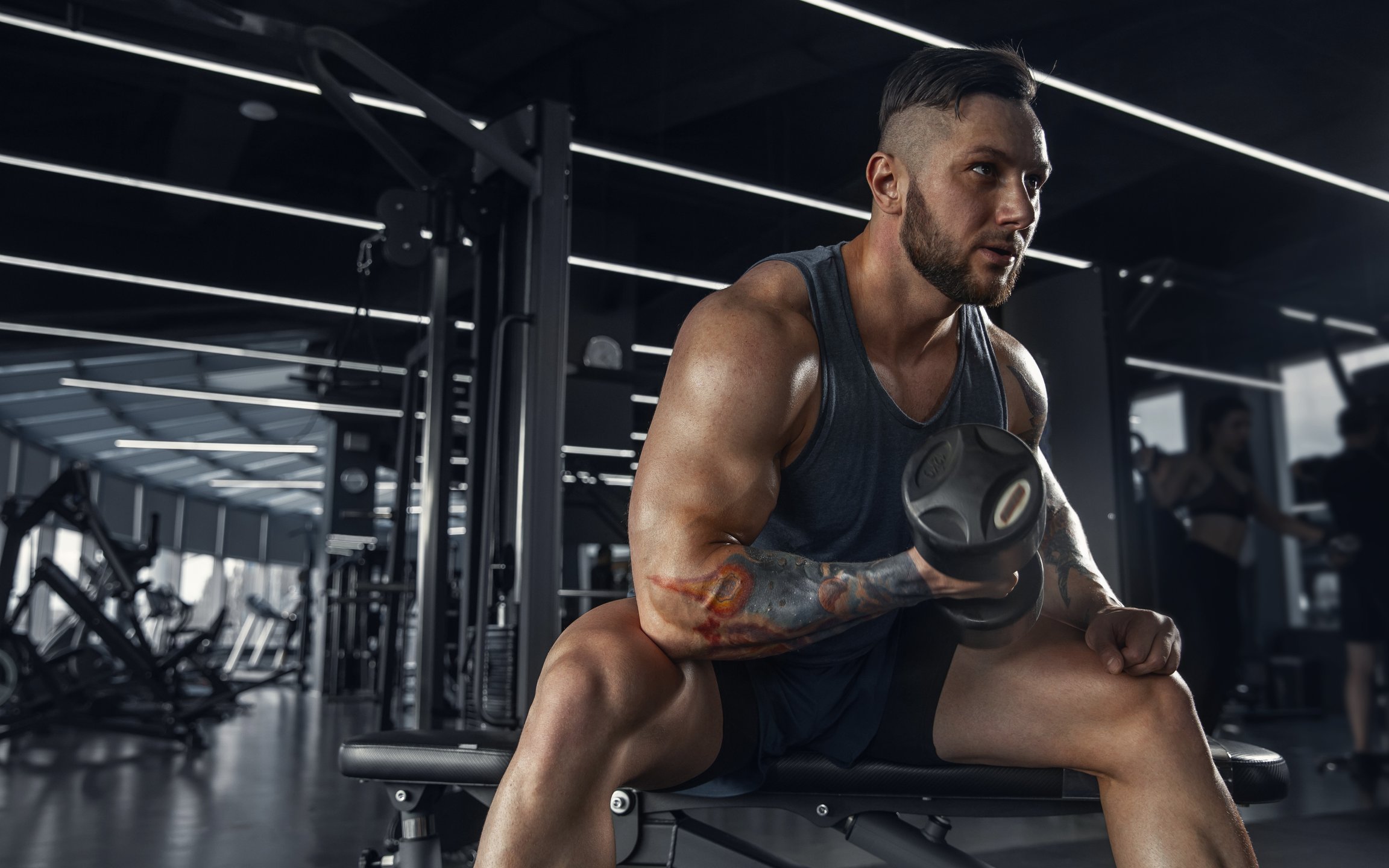 Muscular man with dumbbells - Wallpapers for Apple MacBook 12″ in 2304x1440 resolution