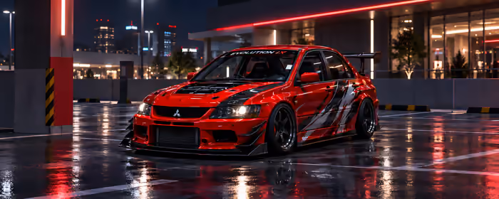 UltraWide 21:9 обои здания (2560x1080): Mitsubishi Lancer Evolution, обвес, спойлер, отражение