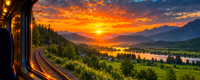 Nature wallpapers: train, sunset, village, mountains