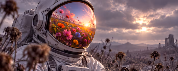 5K2K UltraWide 21:9 Spacesuit wallpapers (5120x2160): astronaut, planet, flowers, reflection