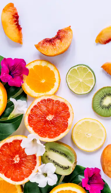 Wallpapers for Samsung Galaxy A11/A20e/A20/M11, Xiaomi Redmi 9A/9C, POCO C40 (720x1560): peach, flowers, lemon, kiwi