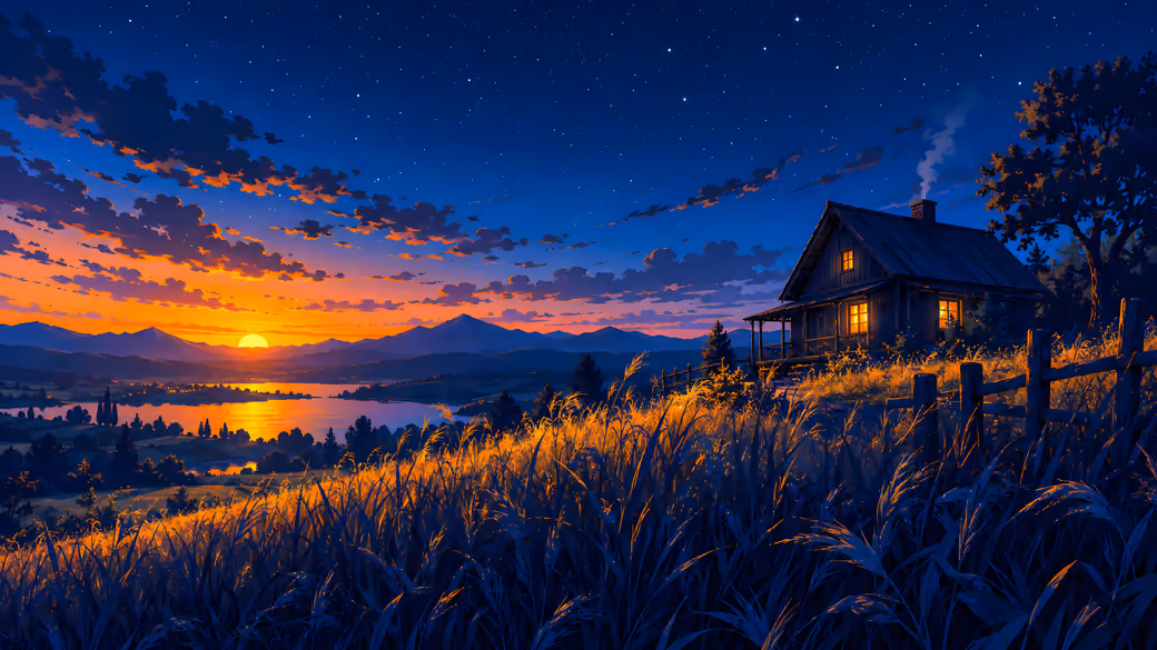 Cabin and Wheat Field at Sunset — desktop and phone wallpaper, free download