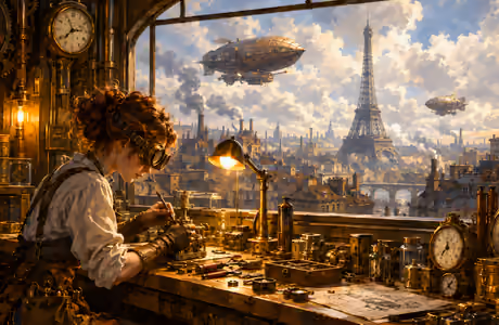 Microsoft Surface 12.4″ Workshop wallpapers (1536x1024): steampunk, workshop, engineer, Eiffel Tower