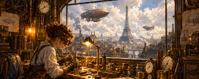 UltraWide 32:9 Technology wallpapers (3840x1080): steampunk, workshop, engineer, Eiffel Tower