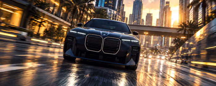 UltraWide 21:9 AI generated wallpapers (2560x1080): BMW i7, Dubai, skyscrapers, sunset